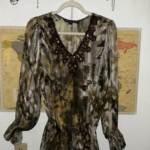 Chic Long Sleeve Dress with Embellished Neckline